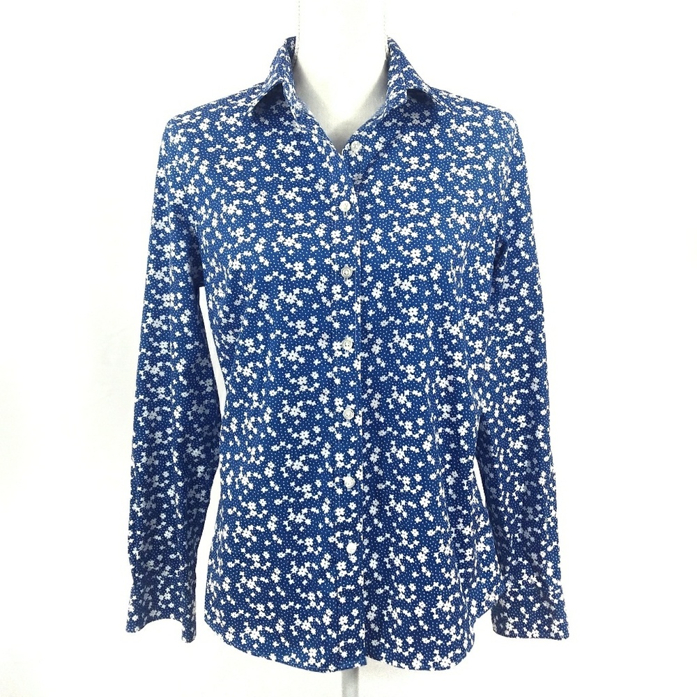 Lands End Blue & White Floral No Iron Oxford